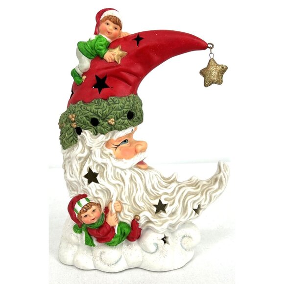 None Other - Santa Claus Tealight Holder Ceramic Holiday Christmas Moon Elves 9" Vintage